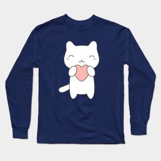 Kawaii Cute Cat With Heart T-Shirt Long Sleeve T-Shirt